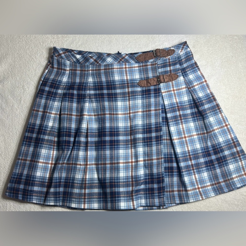 no comment Skirt Plaid Pleated Buckle Short Women’s L Blue/White/Brown